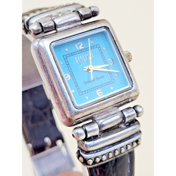 STERLING SILVER Ecclissi 22490 Case Turquoise Dial Square Dress Watch Vtg